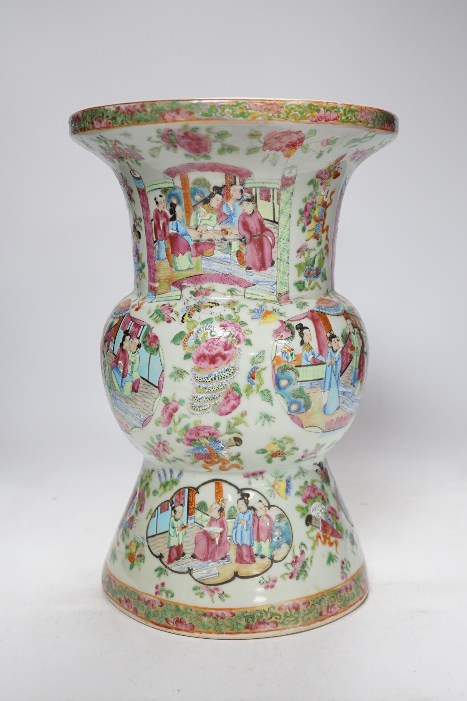 A large 19th century Chinese Canton famille rose vase, damaged and restored, 34cm